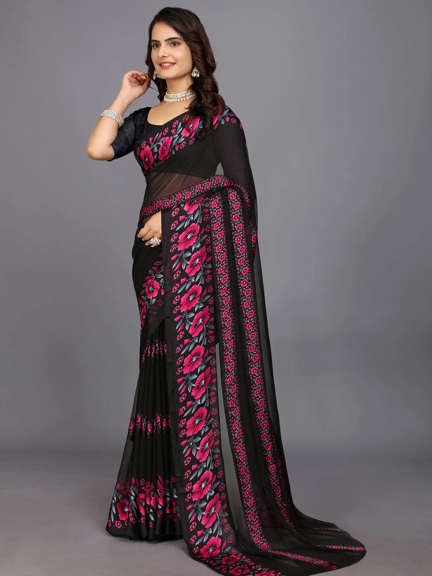 Pink Floral Printed Daily Wear Chiffon Saree