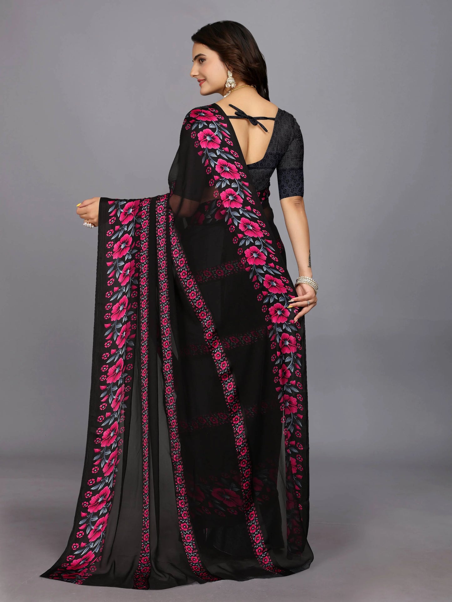 Pink Floral Printed Daily Wear Chiffon Saree