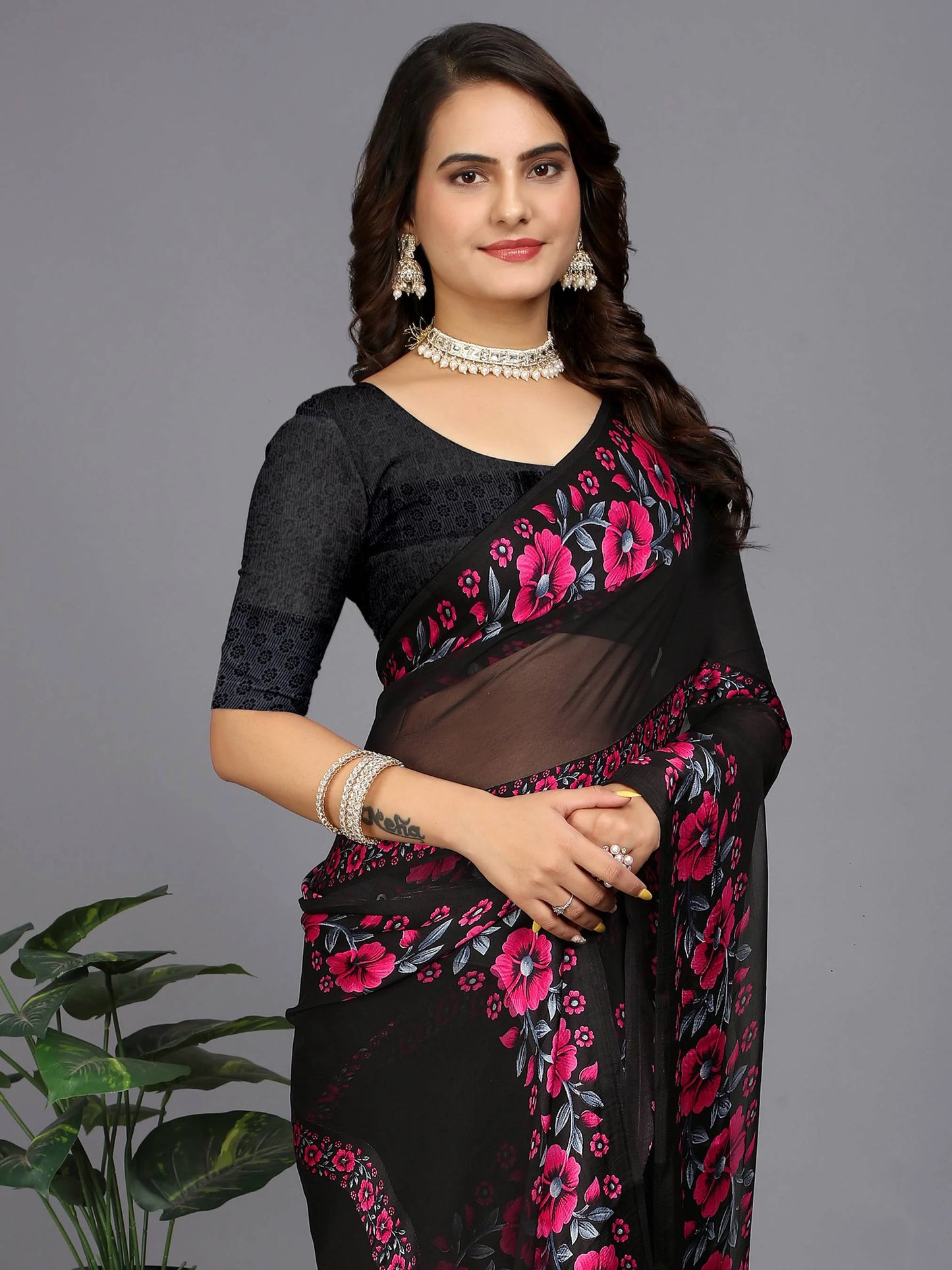 Pink Floral Printed Daily Wear Chiffon Saree