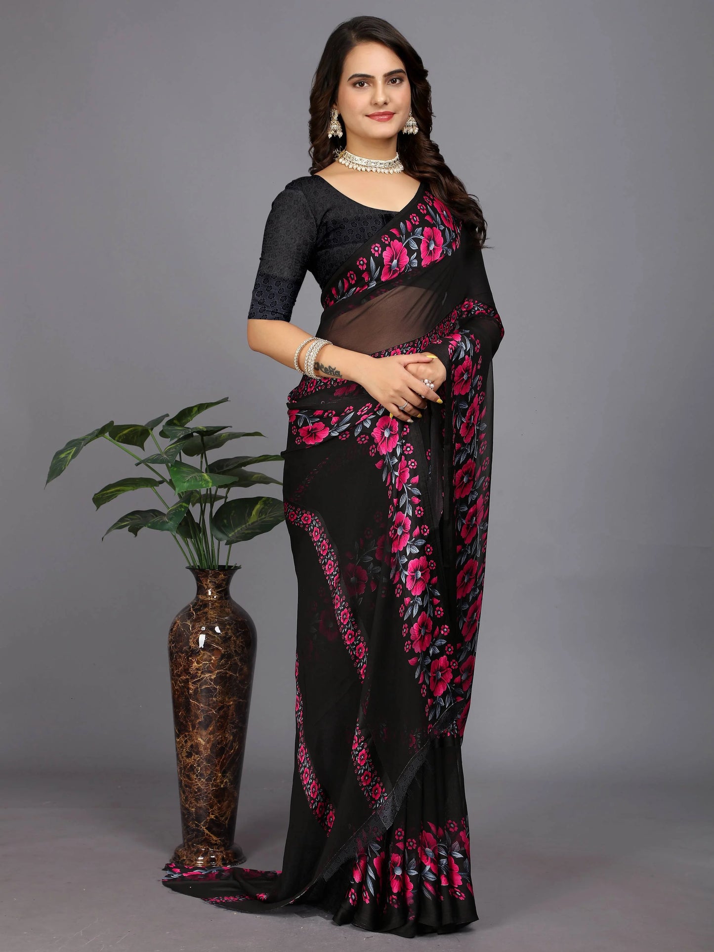 Pink Floral Printed Daily Wear Chiffon Saree
