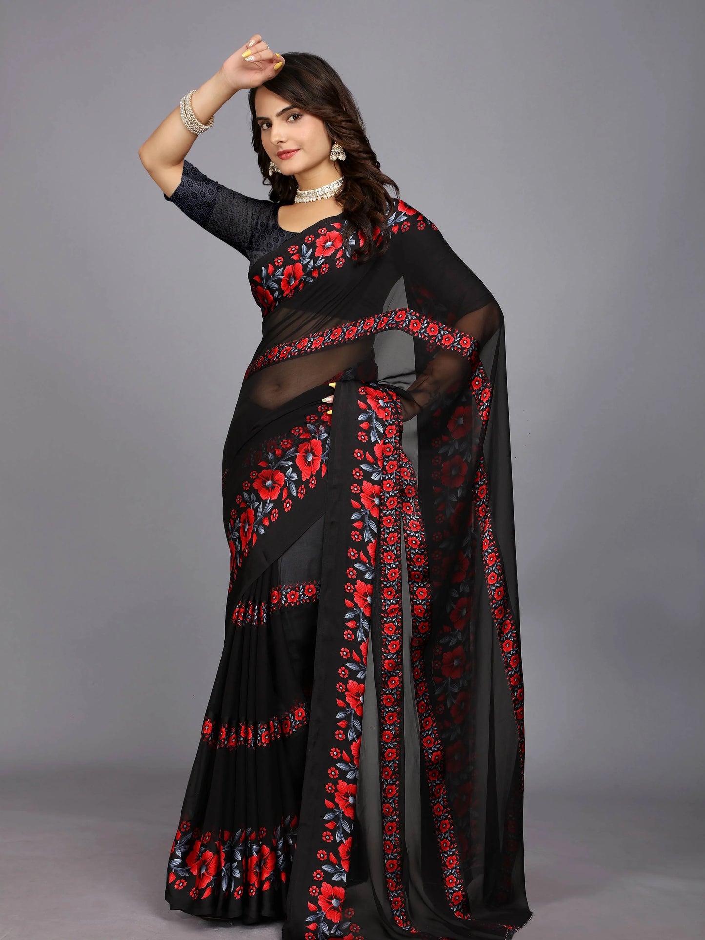 Red And Black Floral Print Daily Wear Chiffon Saree