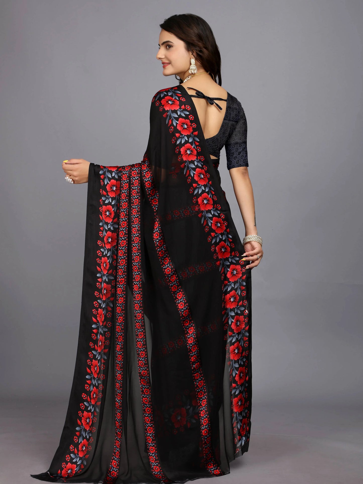Red And Black Floral Print Daily Wear Chiffon Saree