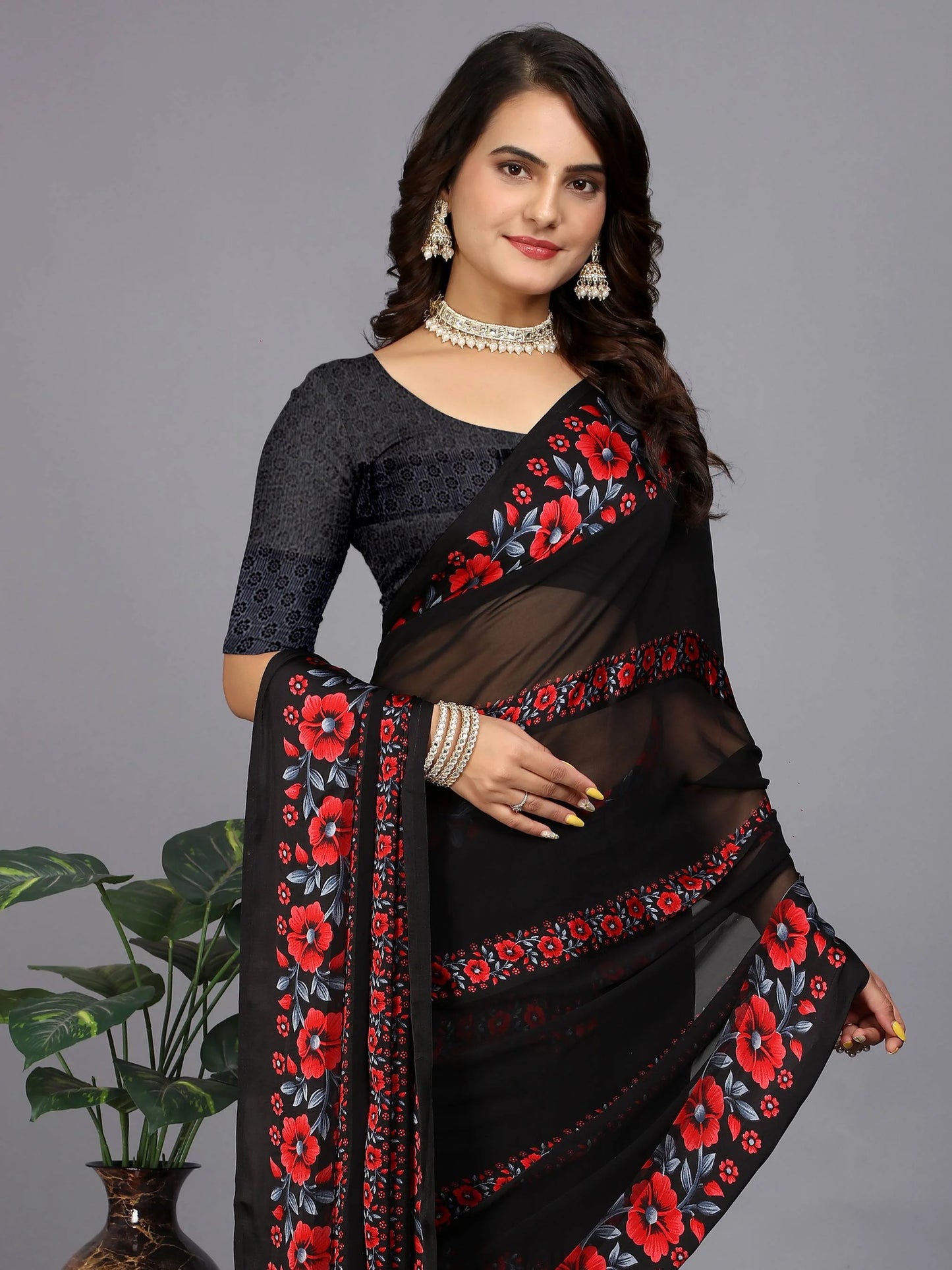 Red And Black Floral Print Daily Wear Chiffon Saree