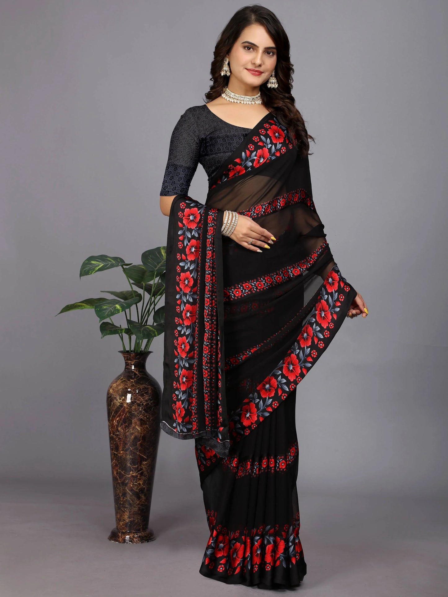 Red And Black Floral Print Daily Wear Chiffon Saree