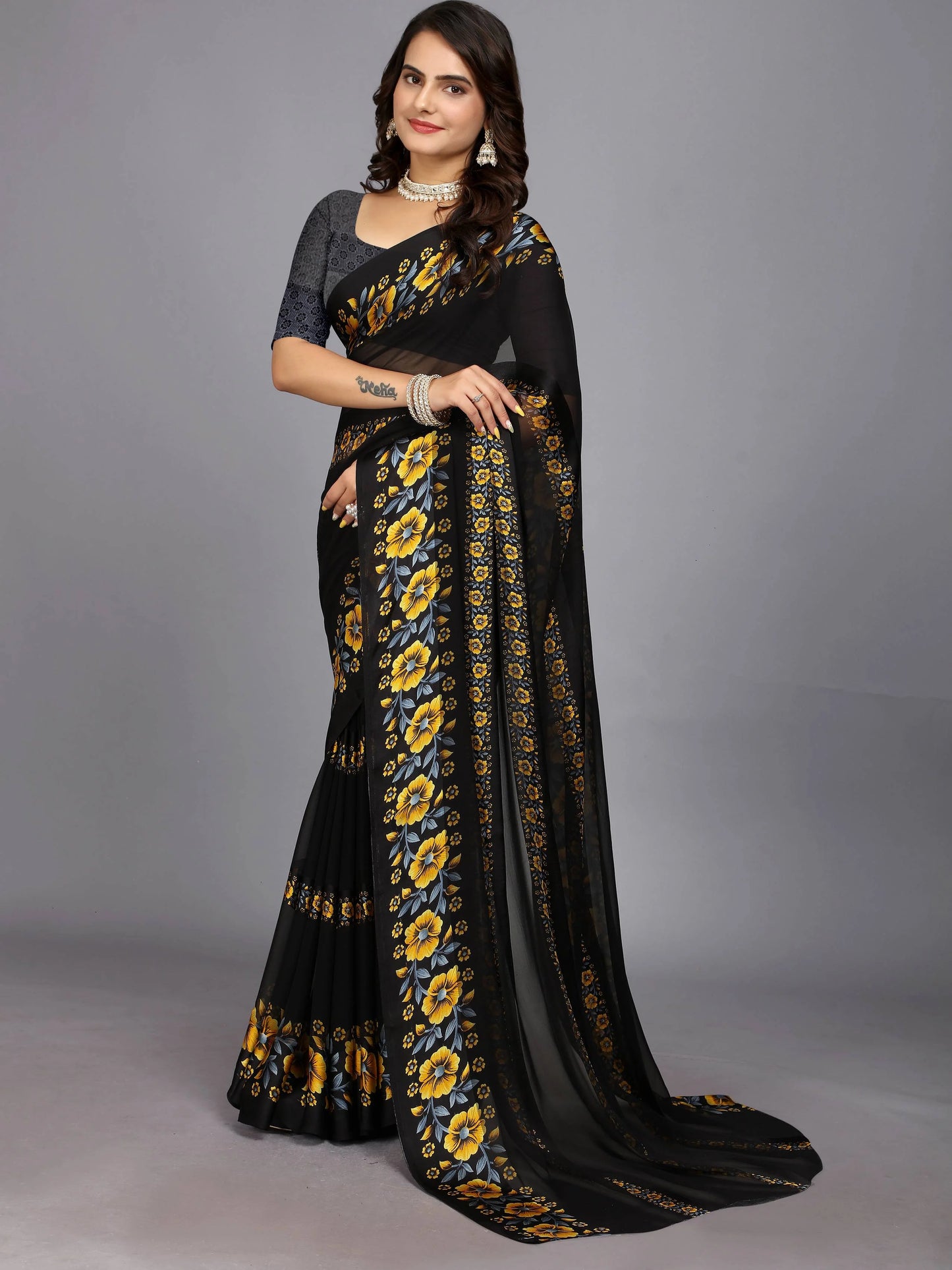 Yellow And Black Floral Printed Daily Wear Chiffon Saree
