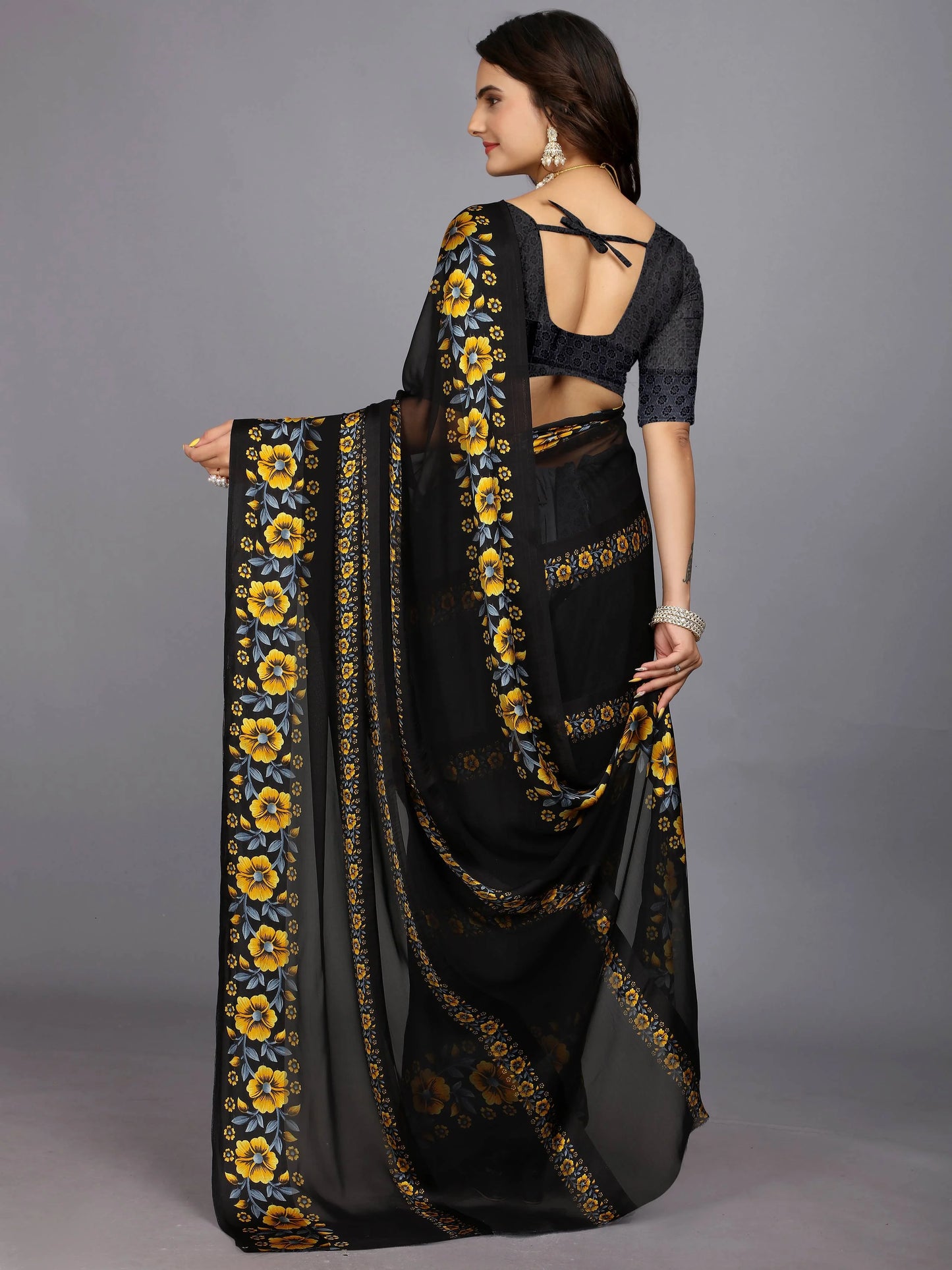 Yellow And Black Floral Printed Daily Wear Chiffon Saree