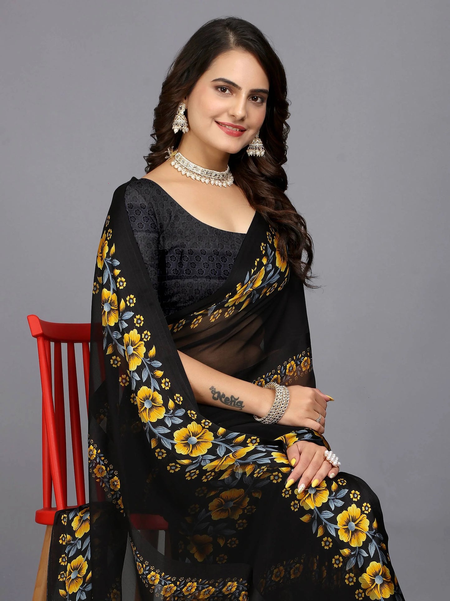 Yellow And Black Floral Printed Daily Wear Chiffon Saree