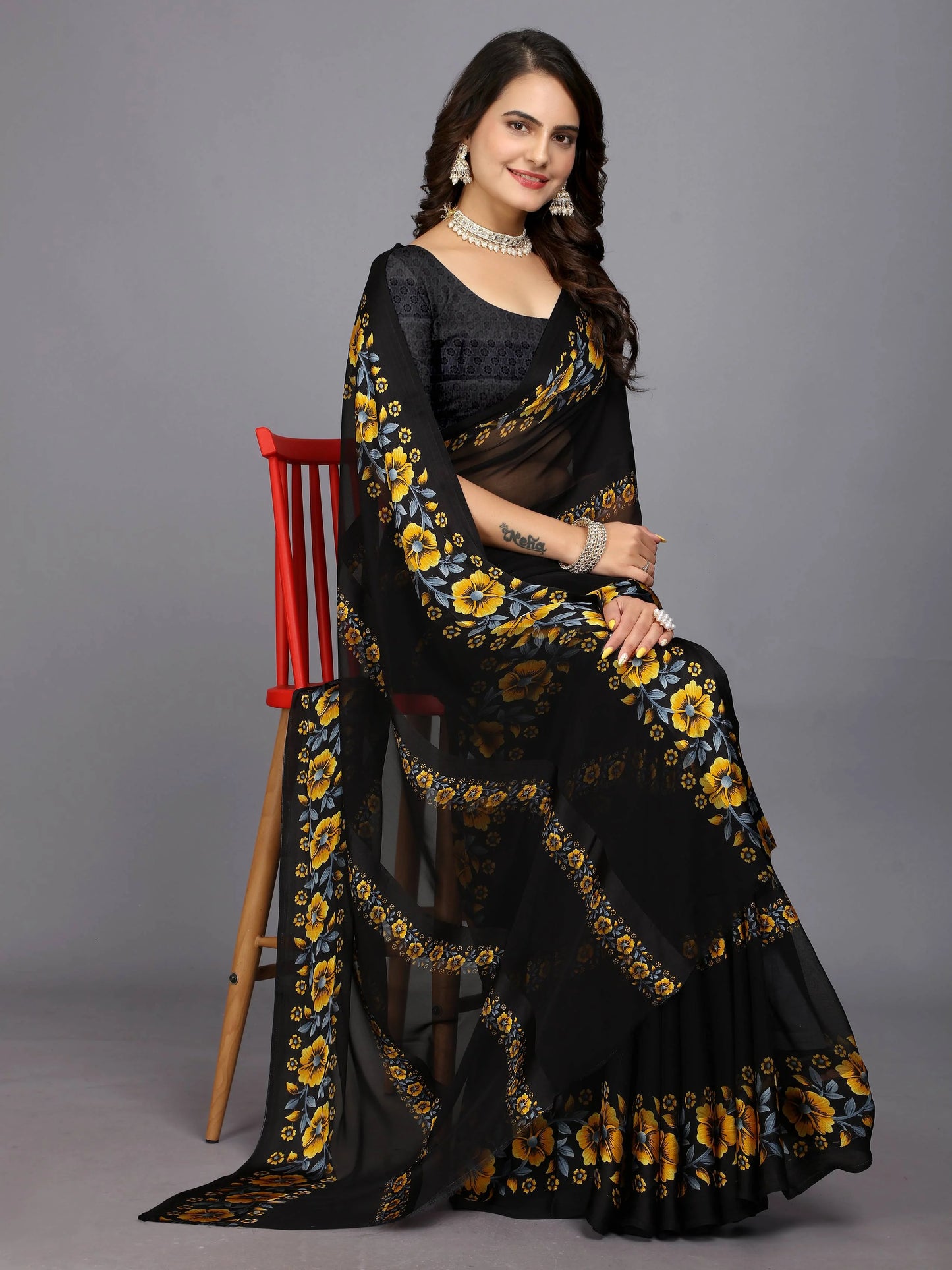 Yellow And Black Floral Printed Daily Wear Chiffon Saree