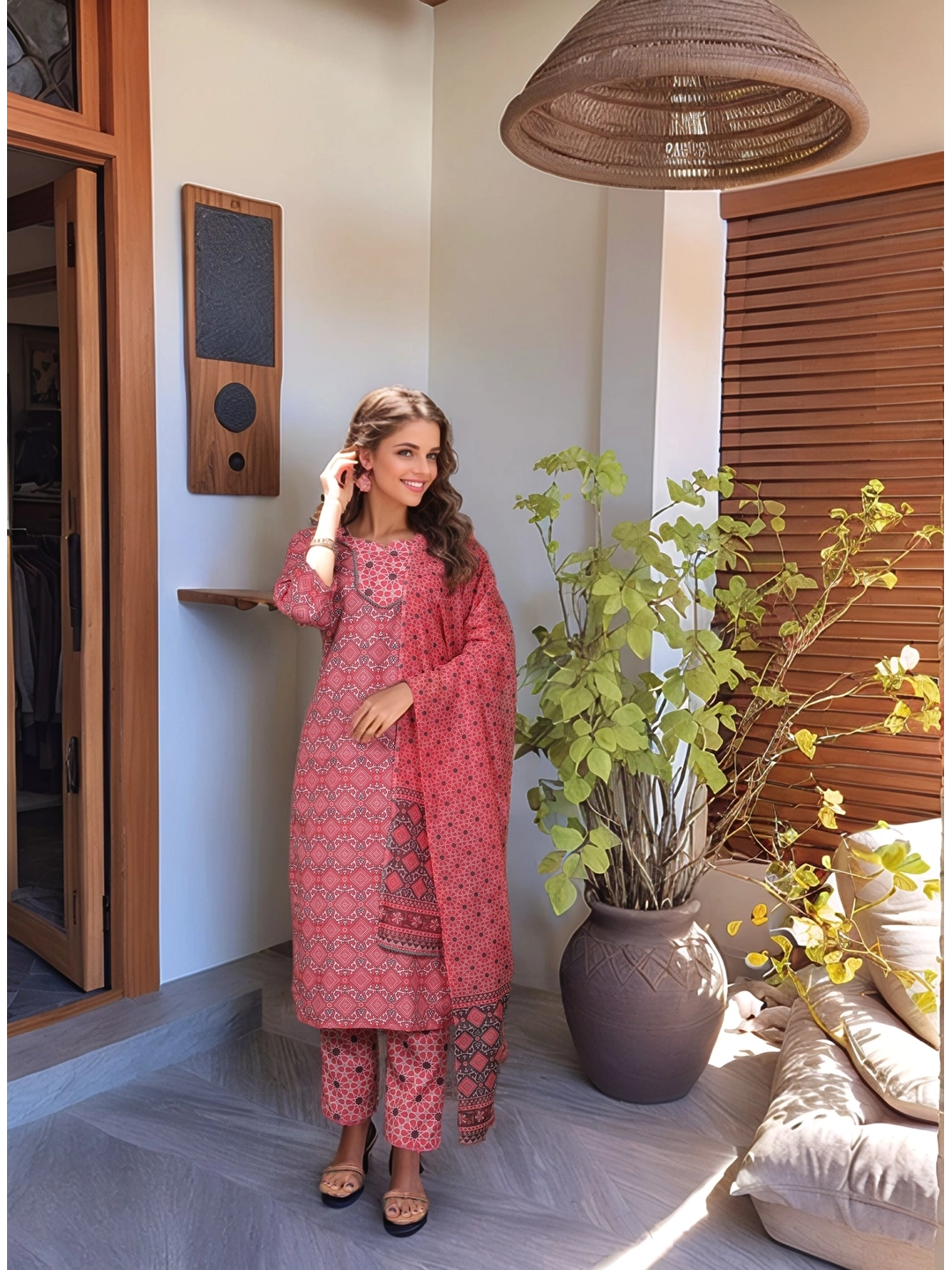 Pink Printed Rayon Slub Kurta Set With Dupatta - Rheycart