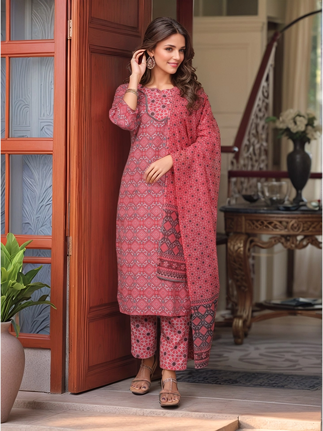 Pink Printed Rayon Slub Kurta Set With Dupatta - Rheycart