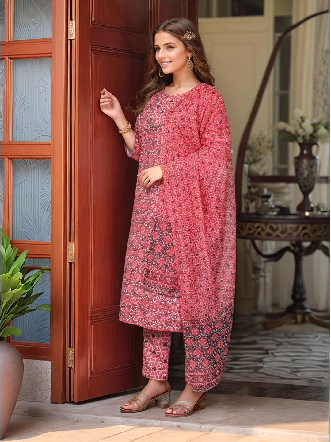 Pink Printed Rayon Slub Kurta Set With Dupatta - Rheycart