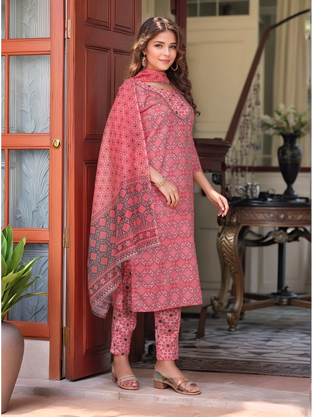 Pink Printed Rayon Slub Kurta Set With Dupatta - Rheycart
