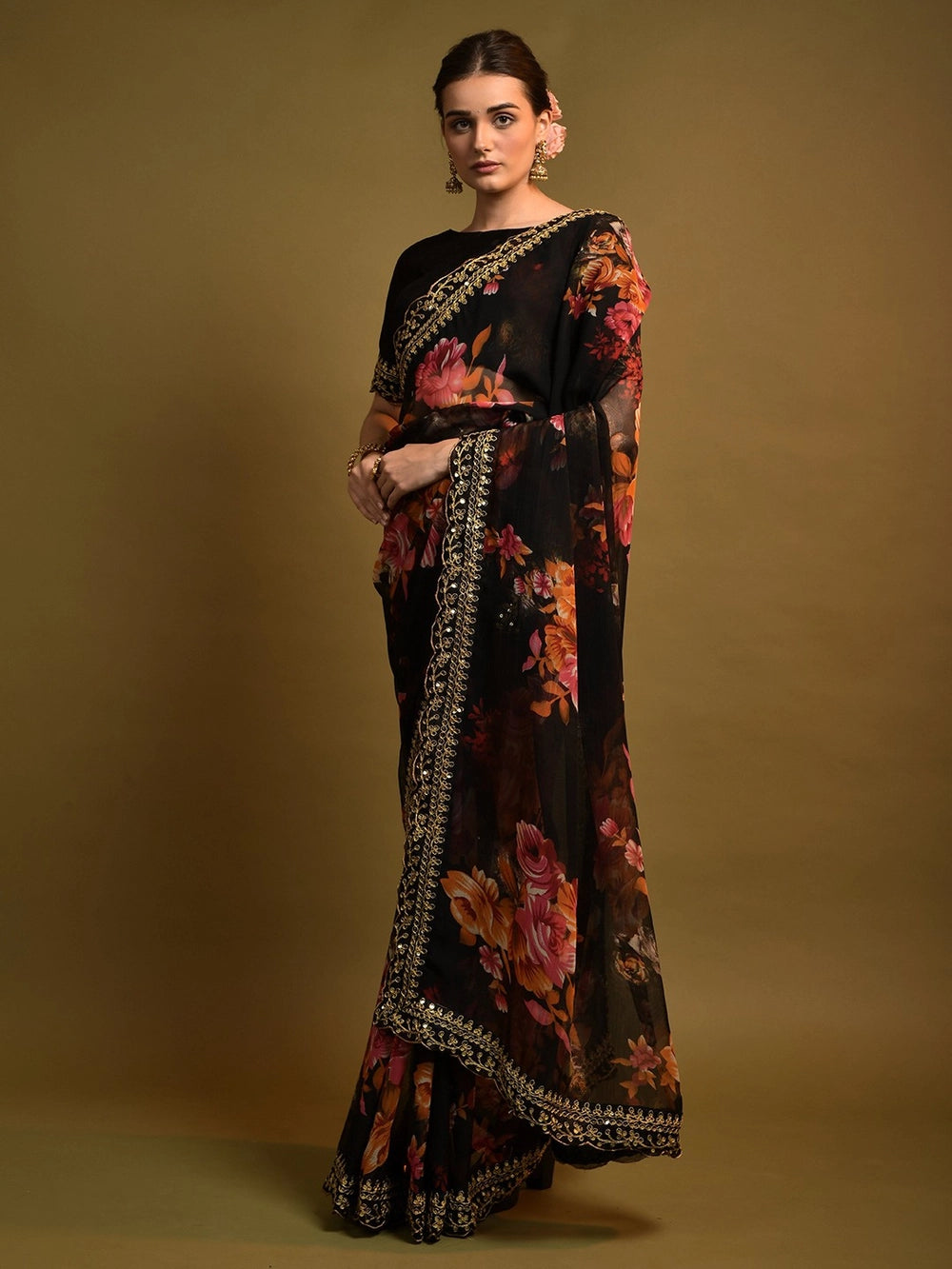 Floral Printed Black Georgette Bollywood Saree For Women