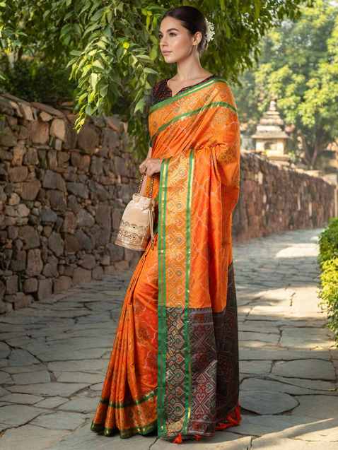 Silk Patola Weaving Orange Saree For Any Special Occasion