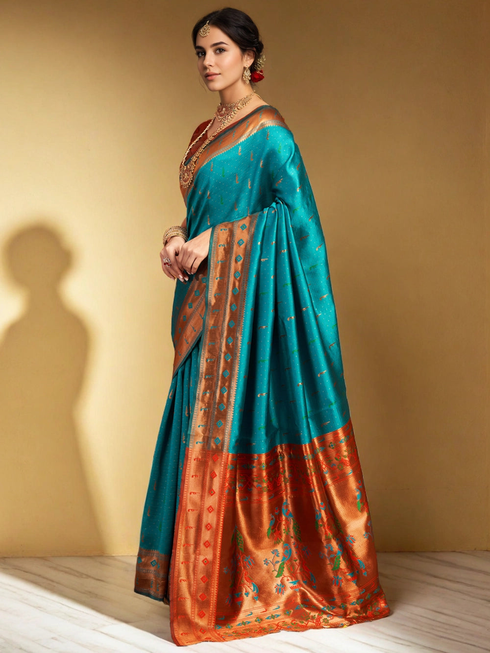 Turquoise Blue Paithani Saree With Peacock Motif Pallu - Rheycart