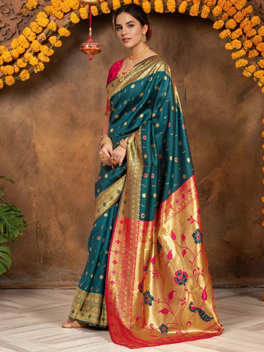 Teal Green Silk Saree with Floral Embroidery and Zari - Rheycart
