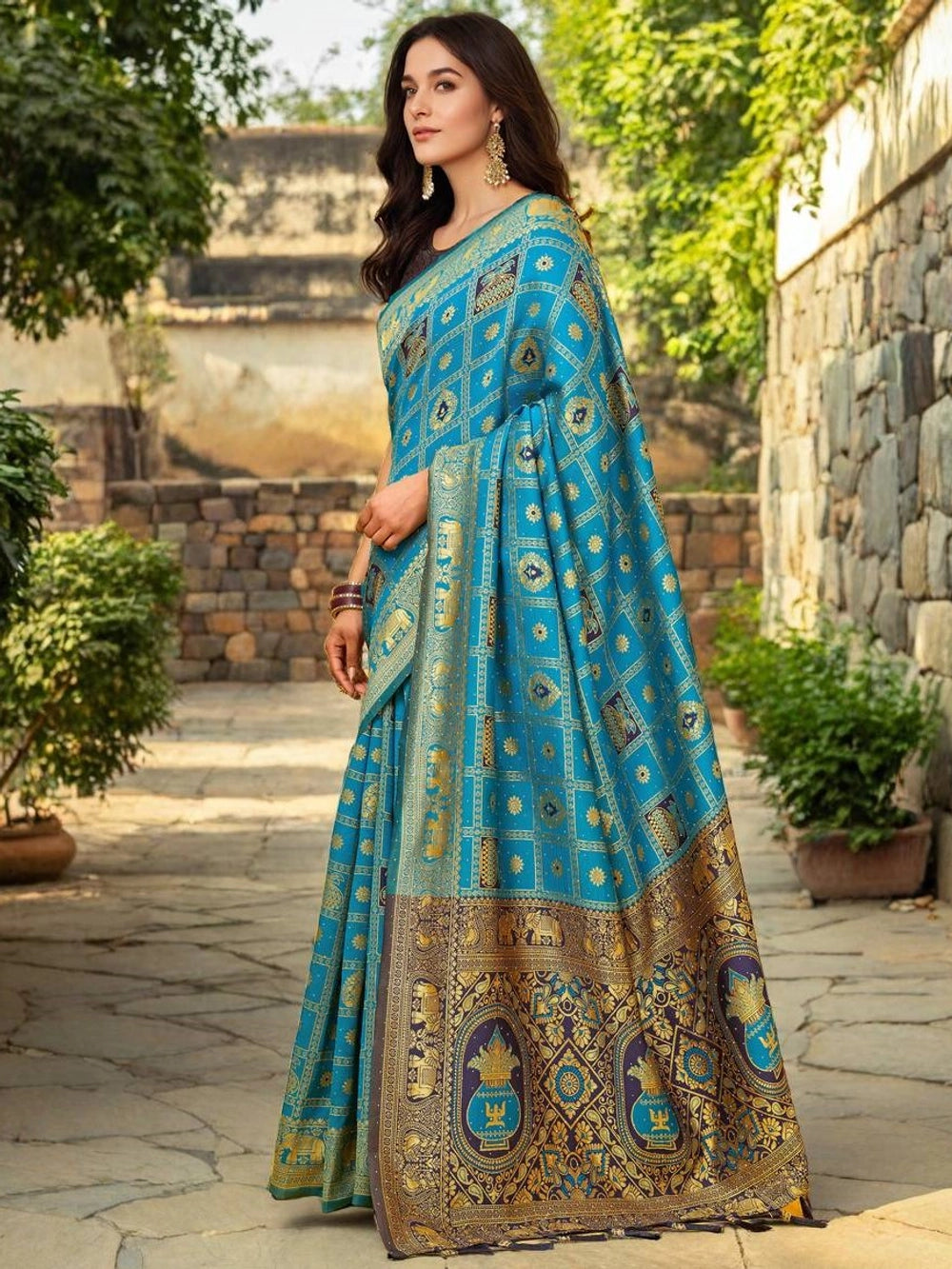 Teal Blue Paithani Silk Saree For Women - Rheycart