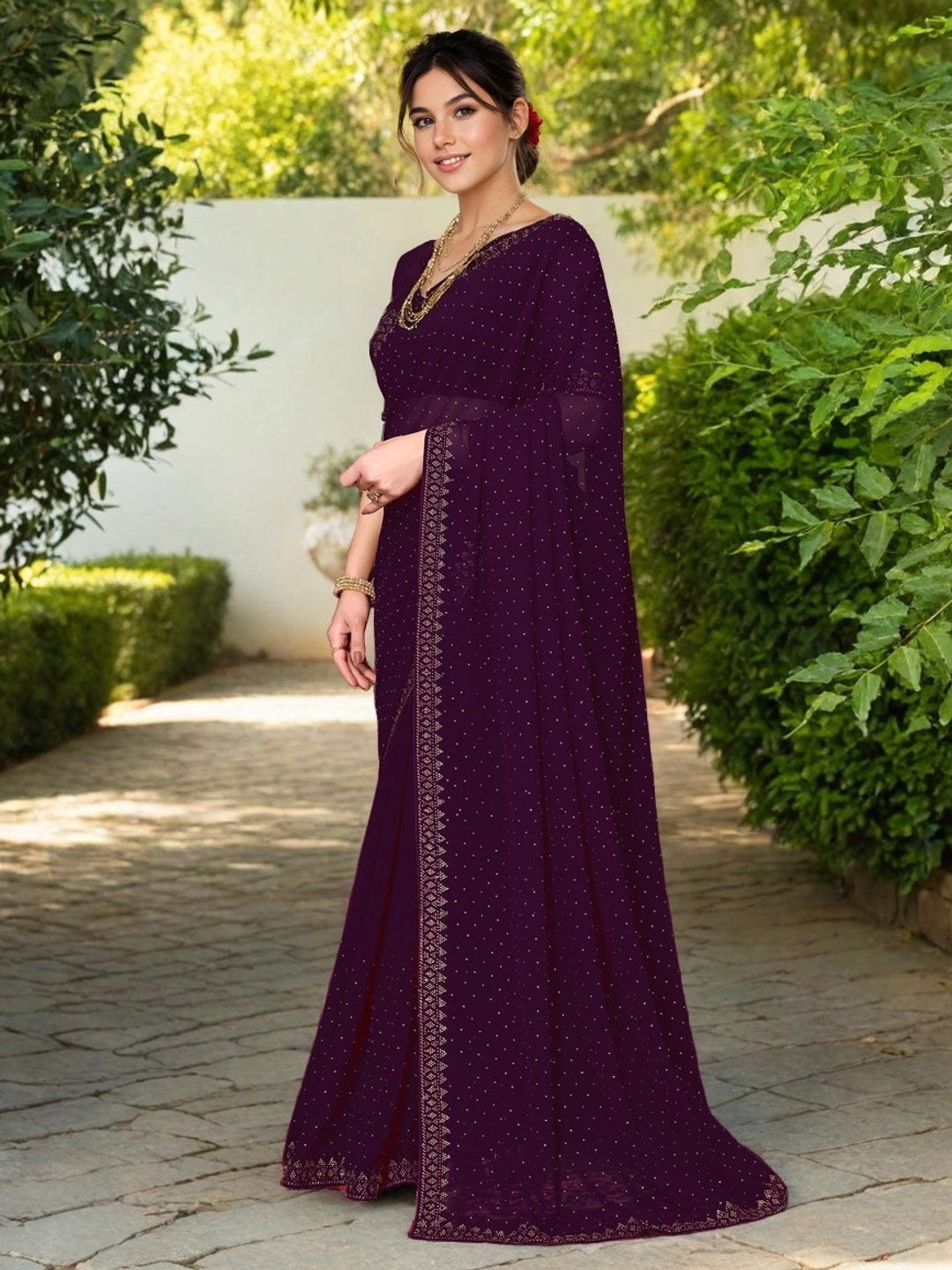 Wine Georgette Stone Work Women Saree - Rheycart