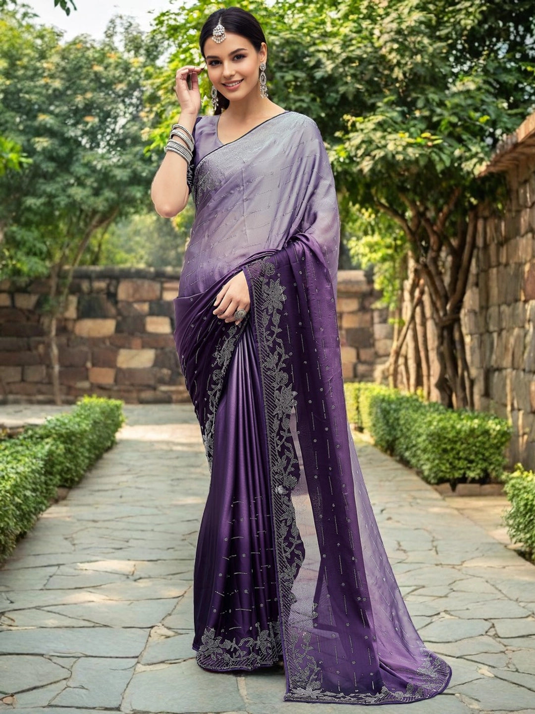 Purple Embellished Silk Saree With Unstitched Blouse - Rheycart