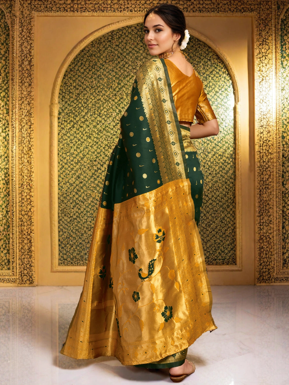 Dark Green Silk Blend Peacock Design Pallu Paithani Saree - Rheycart