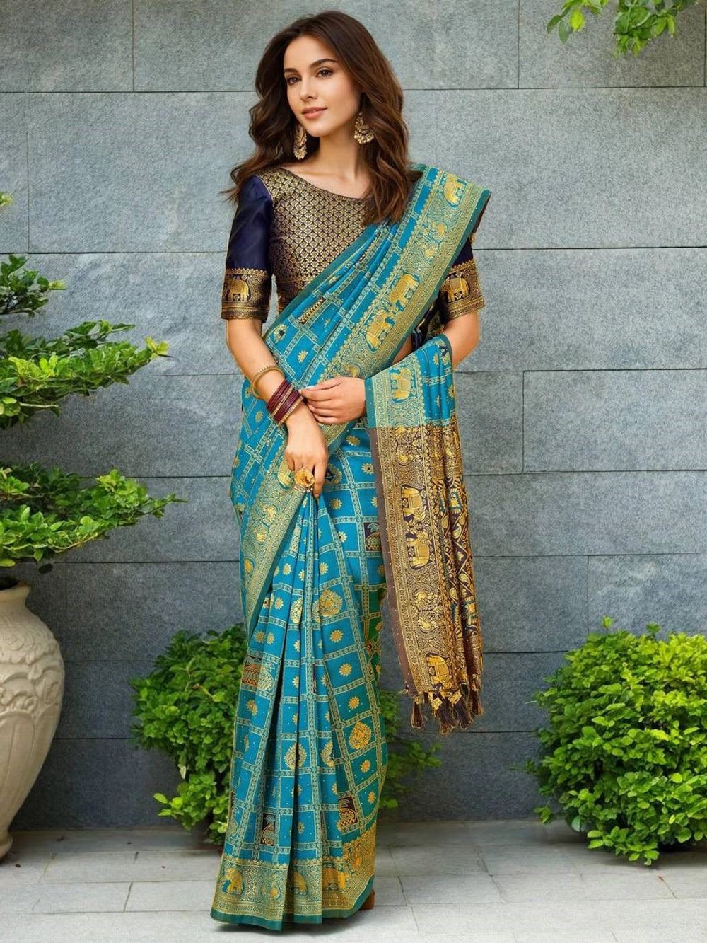 Teal Blue Paithani Silk Saree For Women - Rheycart