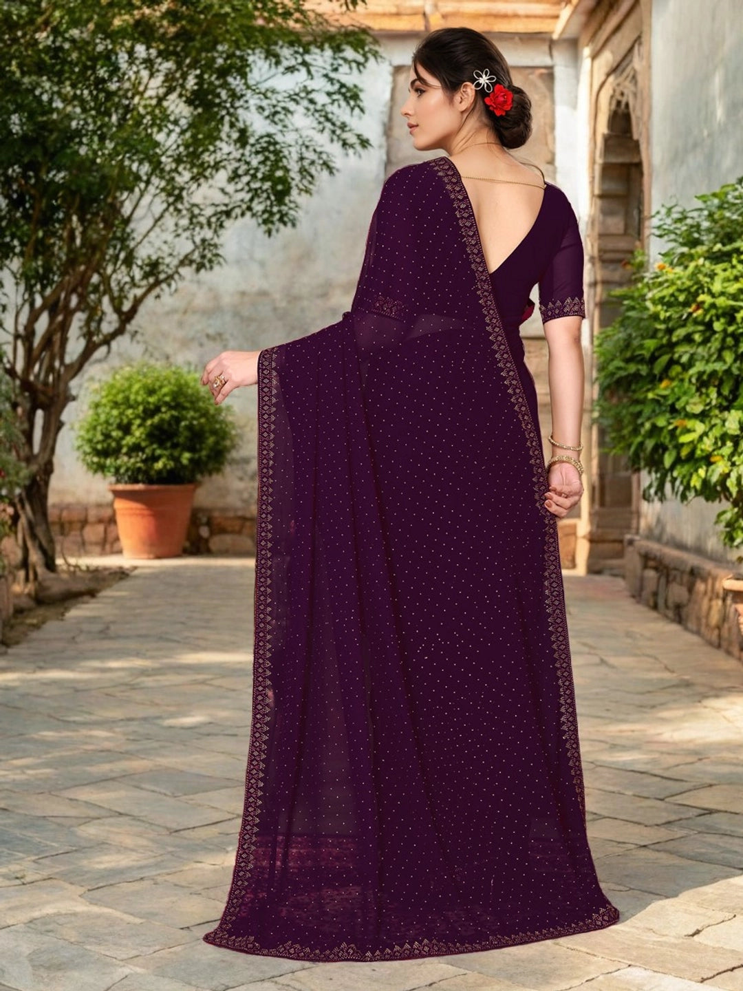 Wine Georgette Stone Work Women Saree - Rheycart