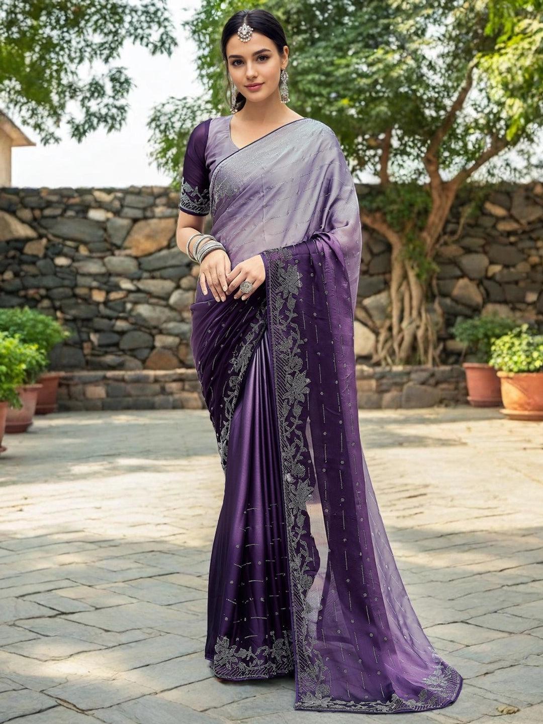 Purple Embellished Silk Saree With Unstitched Blouse - Rheycart