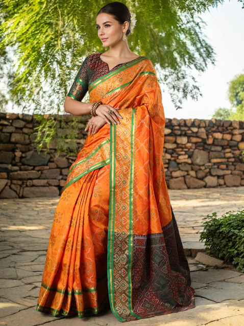 Silk Patola Weaving Orange Saree For Any Special Occasion