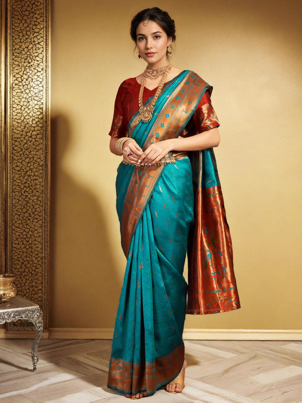 Turquoise Blue Paithani Saree With Peacock Motif Pallu - Rheycart