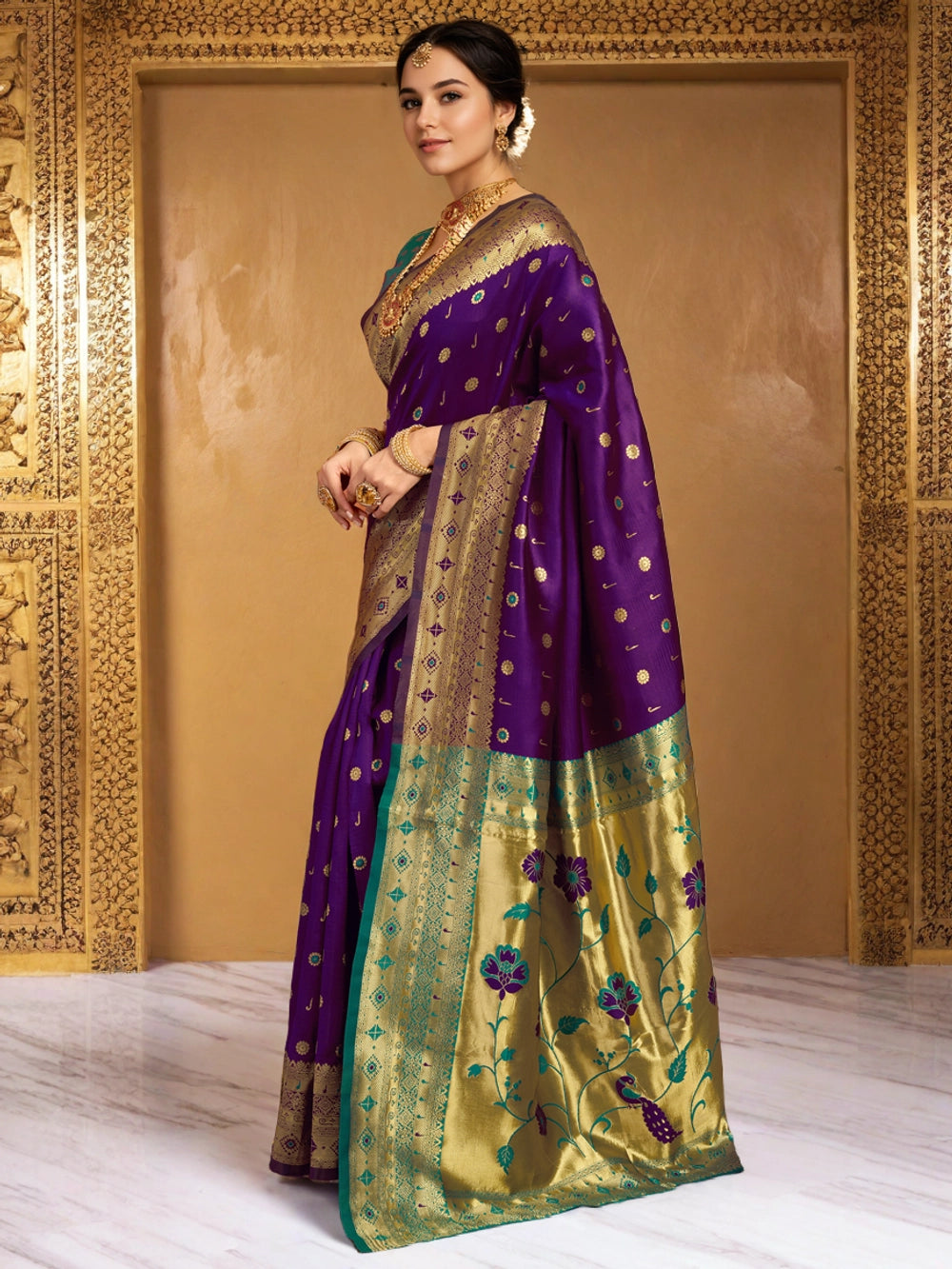Zari Weaving Silk Blend Purple Paithani Saree - Rheycart