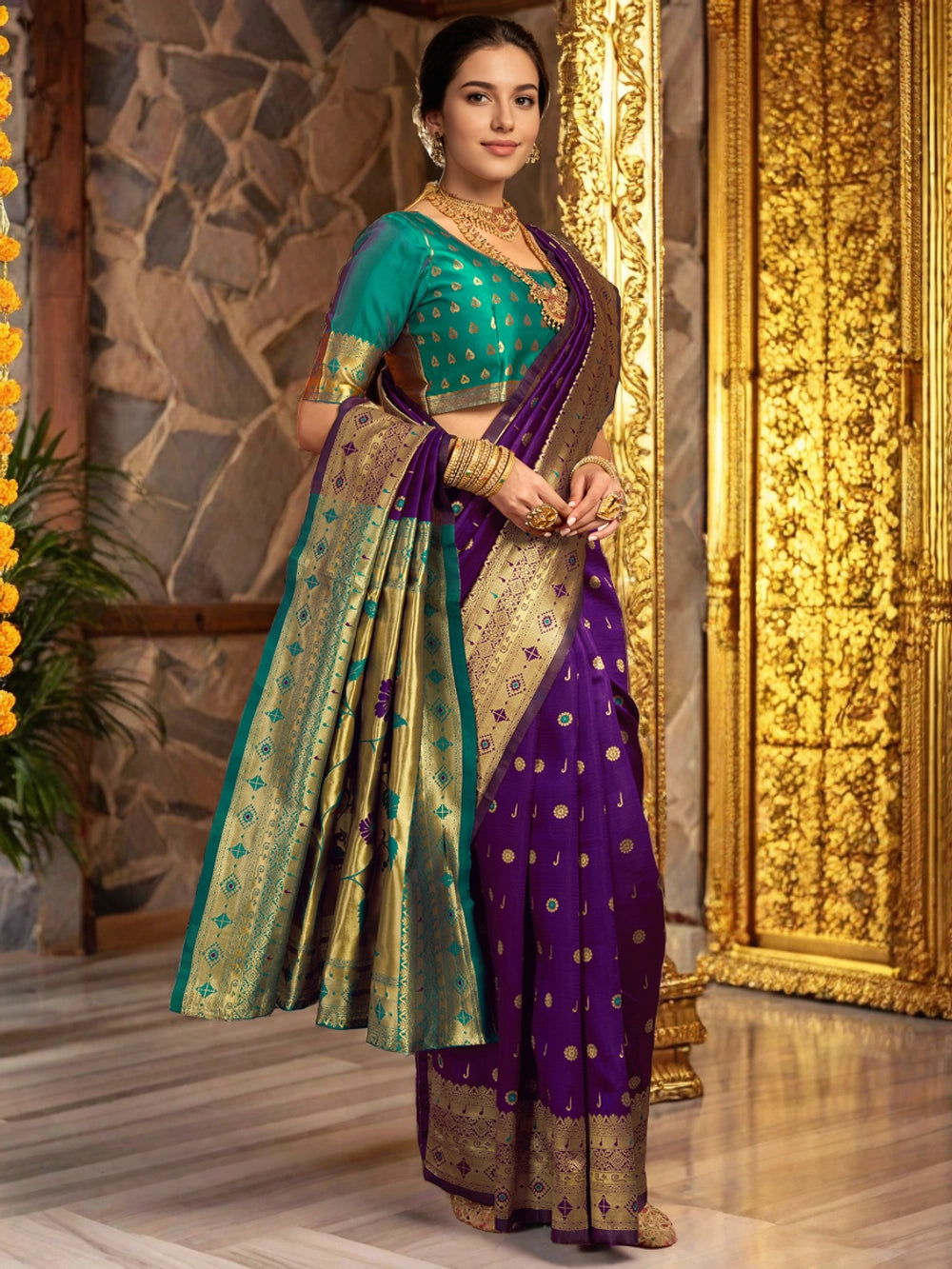 Zari Weaving Silk Blend Purple Paithani Saree - Rheycart
