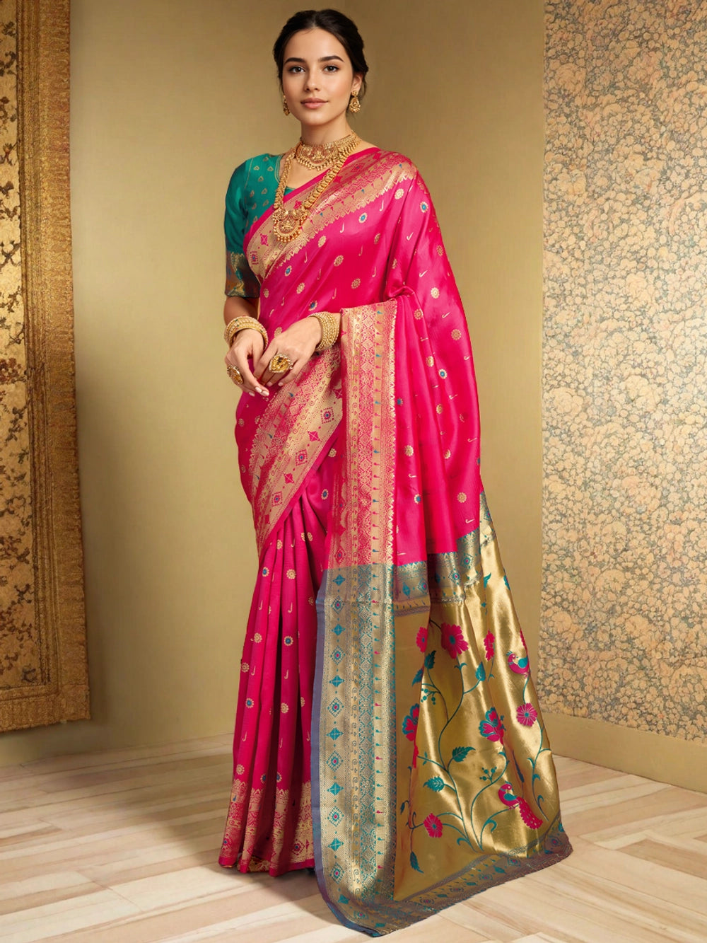 Rani Pink Silk Saree with Gold Zari Weaving Design - Rheycart