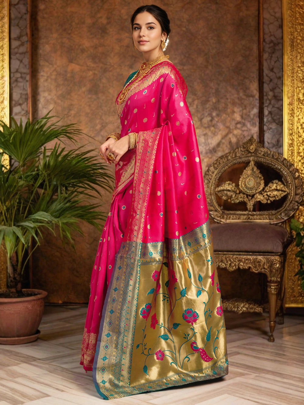 Rani Pink Silk Saree with Gold Zari Weaving Design - Rheycart