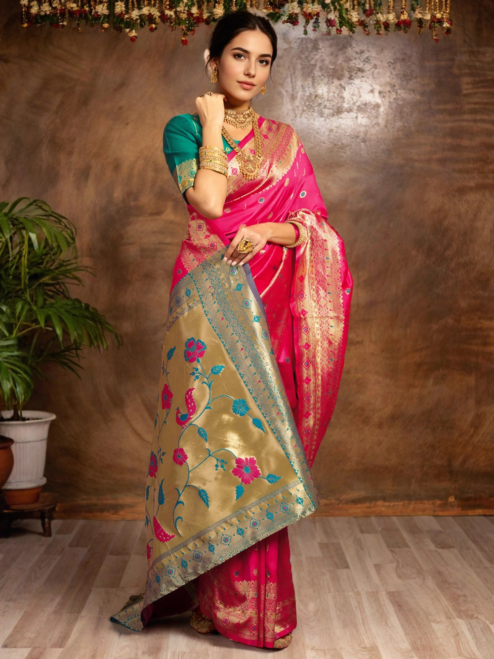 Rani Pink Silk Saree with Gold Zari Weaving Design - Rheycart