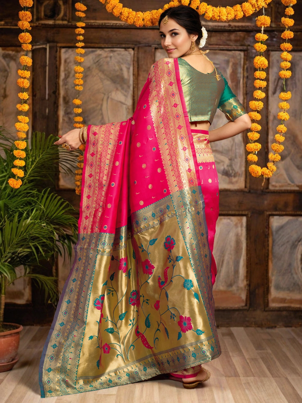 Rani Pink Silk Saree with Gold Zari Weaving Design - Rheycart