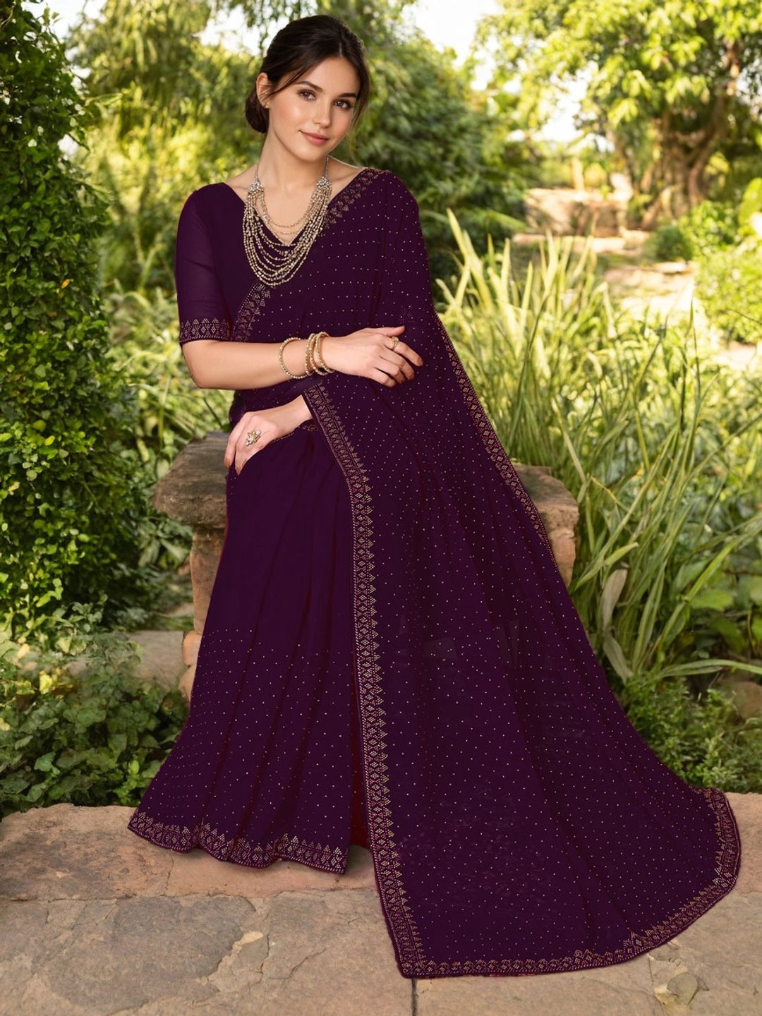 Wine Georgette Stone Work Women Saree - Rheycart