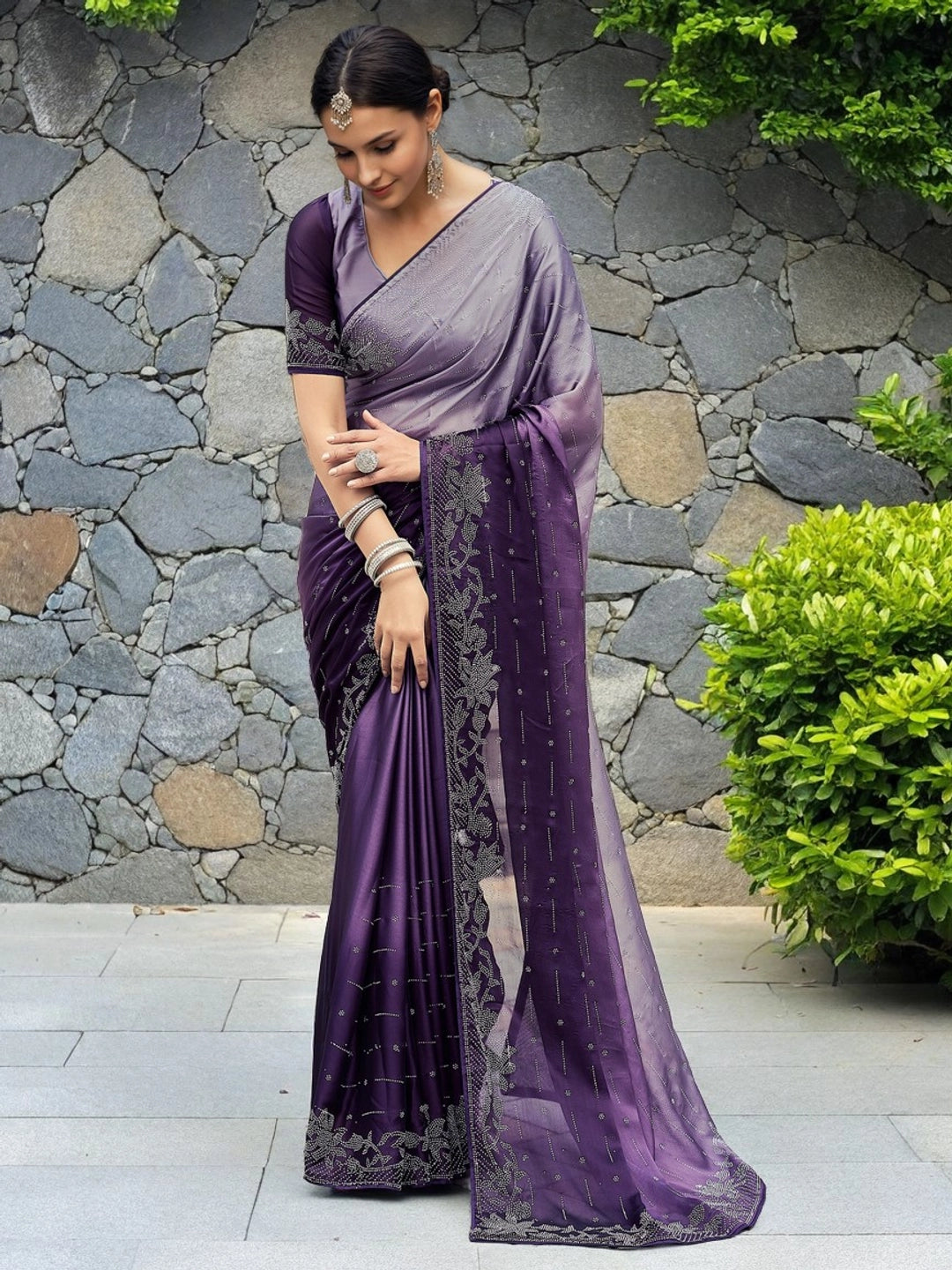 Purple Embellished Silk Saree With Unstitched Blouse - Rheycart