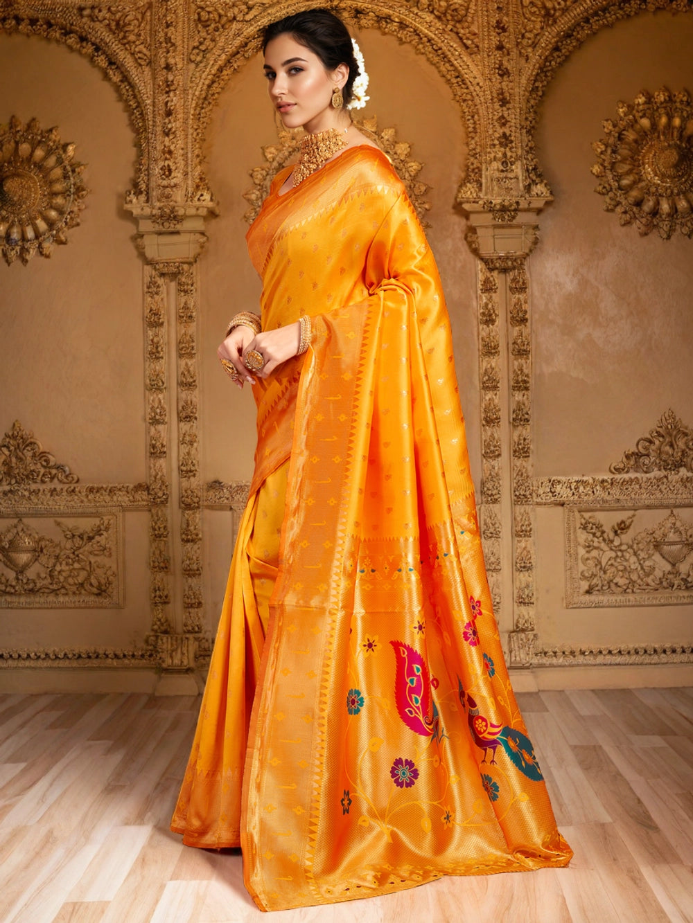 Golden Zari Woven Orange Silk Saree with Peacock Motif - Rheycart