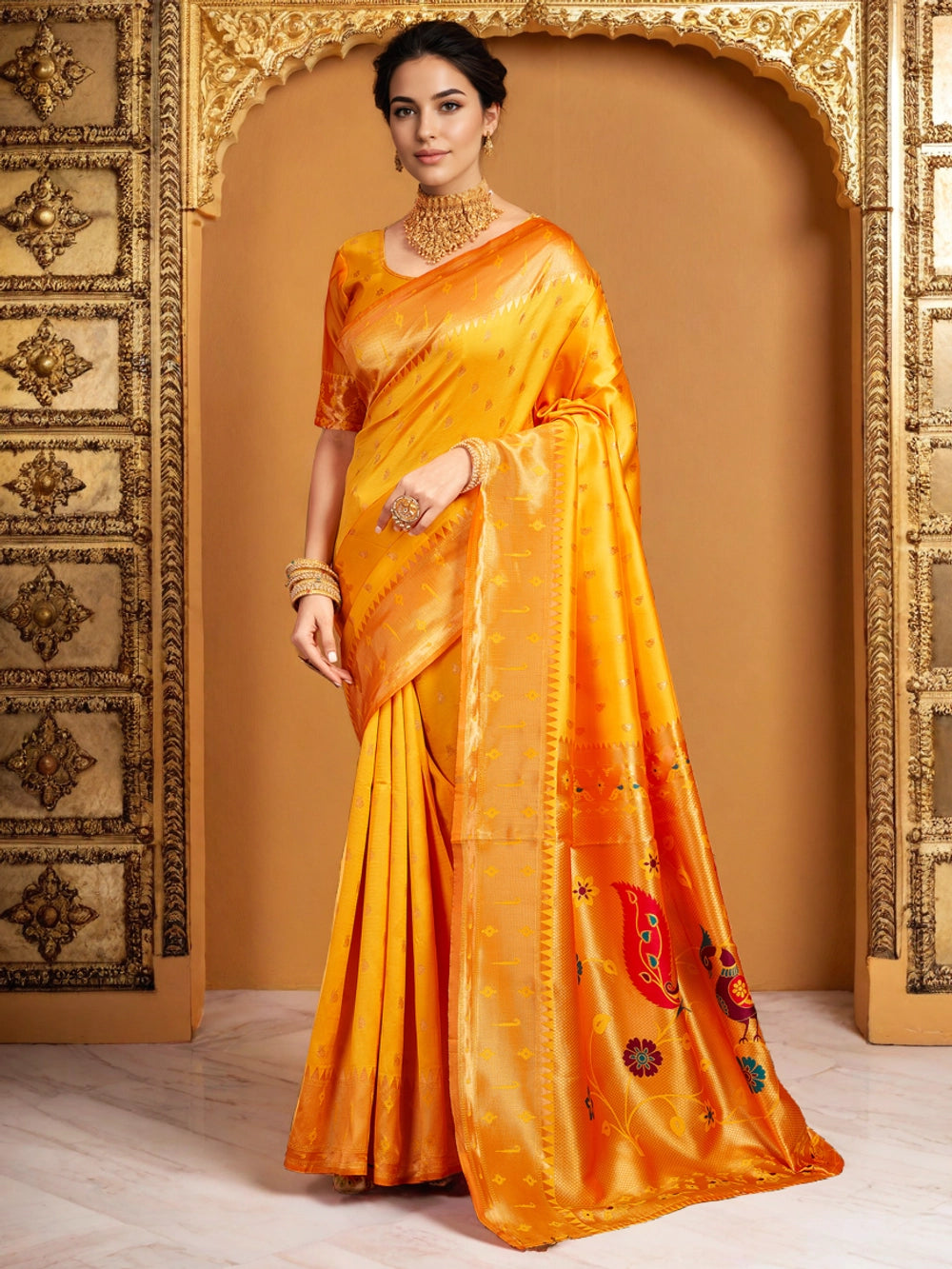 Golden Zari Woven Orange Silk Saree with Peacock Motif - Rheycart