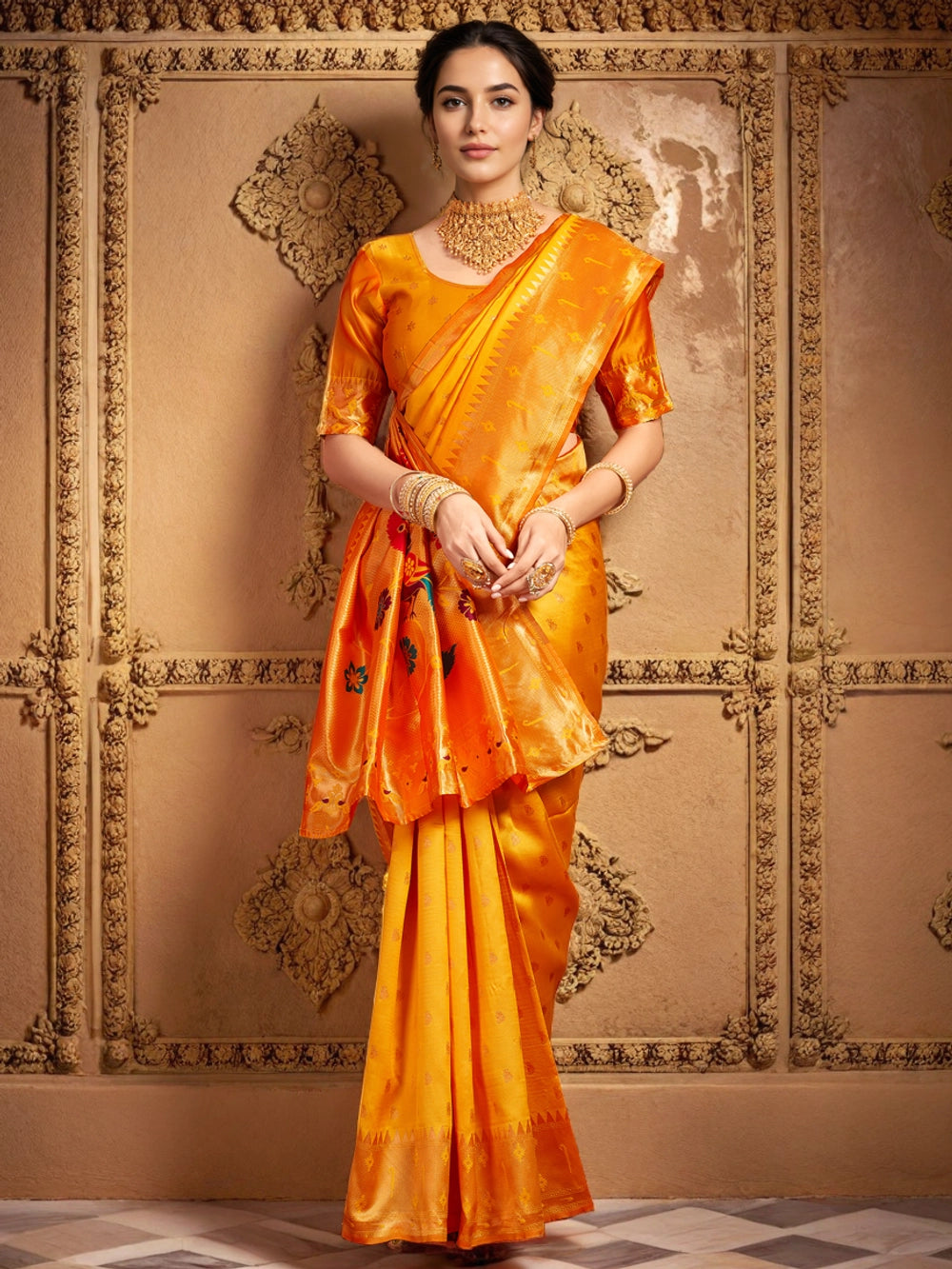 Golden Zari Woven Orange Silk Saree with Peacock Motif - Rheycart