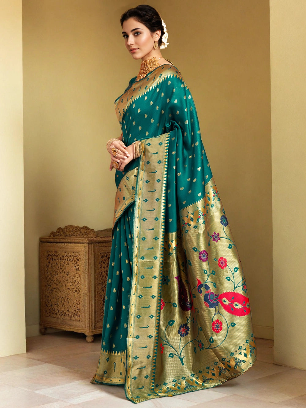 Silk Blend Green Zari Weaving Paithani Saree - Rheycart