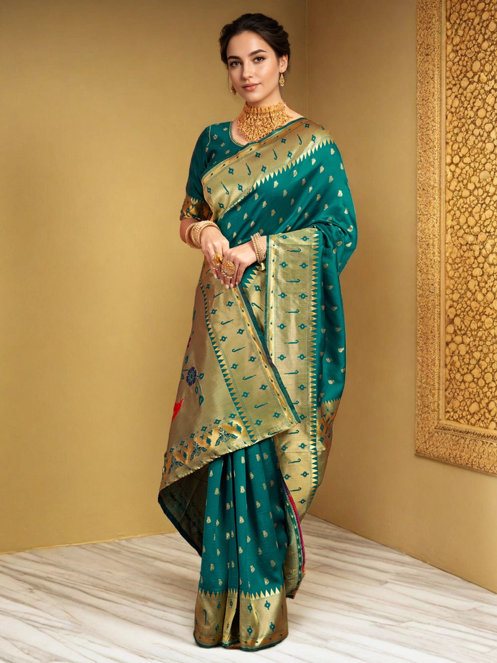 Silk Blend Green Zari Weaving Paithani Saree - Rheycart