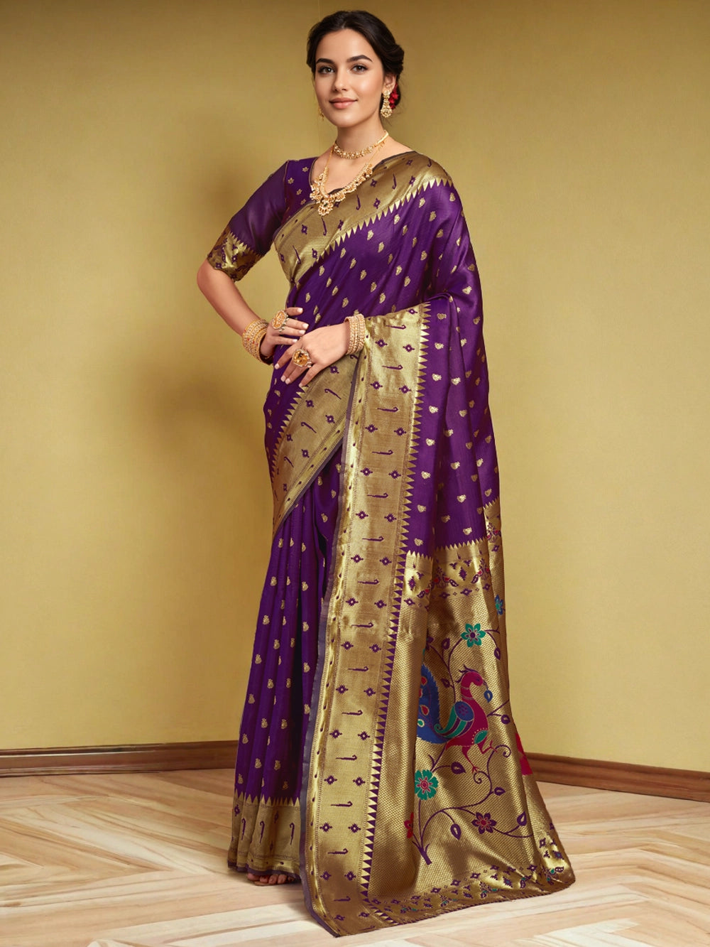 Zari Weaving Silk Blend Purple Paithani Saree - Rheycart