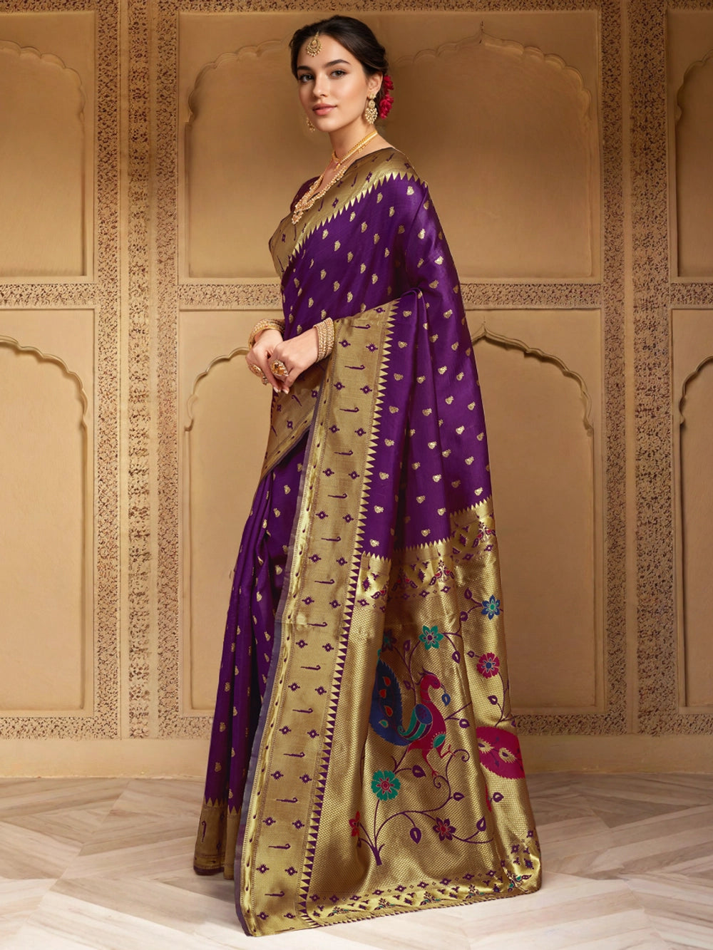 Zari Weaving Silk Blend Purple Paithani Saree - Rheycart