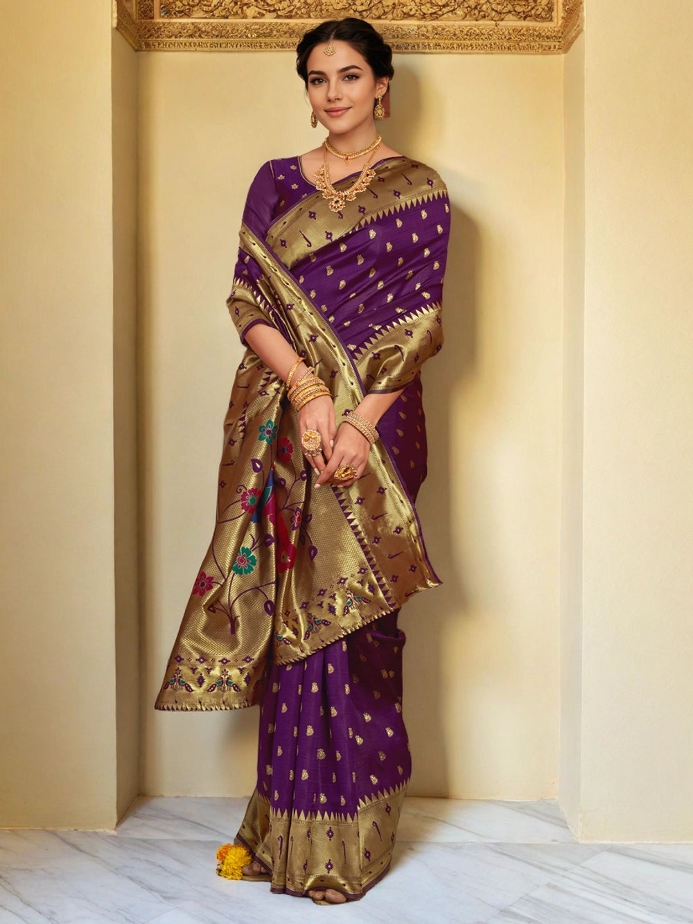 Zari Weaving Silk Blend Purple Paithani Saree - Rheycart