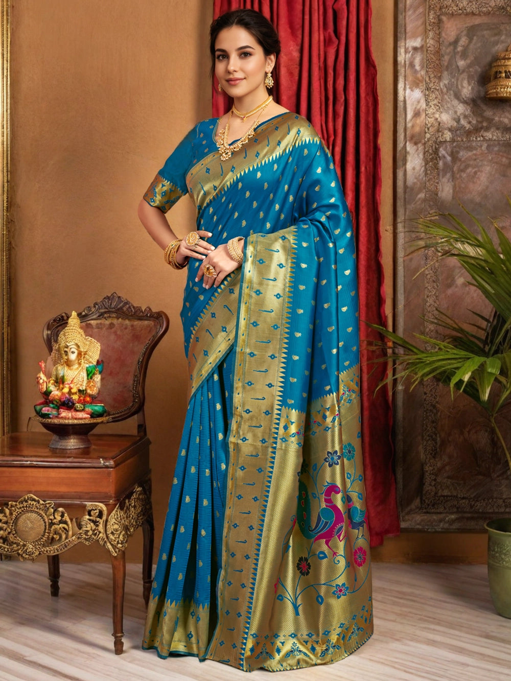 Blue Woven Paithani Silk Saree For Women - Rheycart