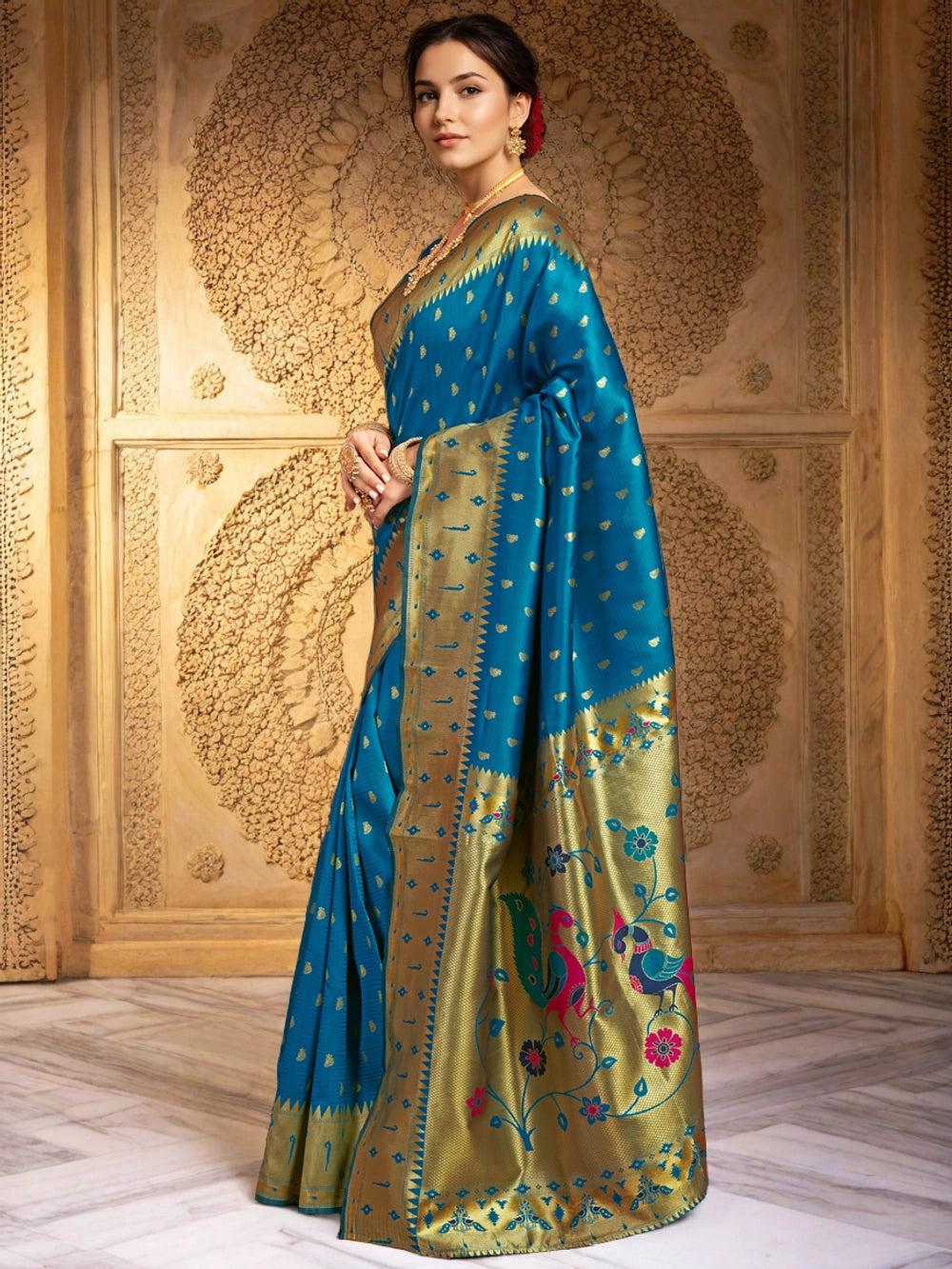 Blue Woven Paithani Silk Saree For Women - Rheycart