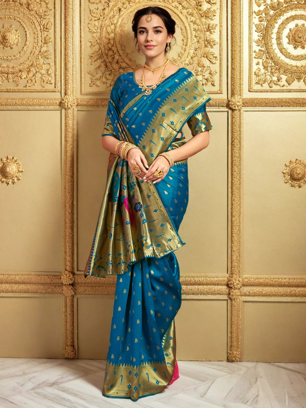 Blue Woven Paithani Silk Saree For Women - Rheycart