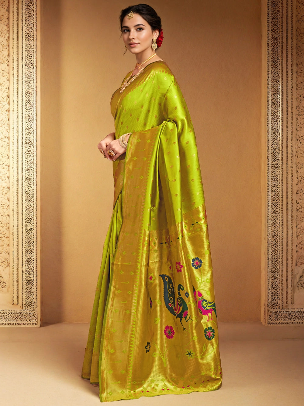 Woven Silk Blend Lime Green Paithani Saree - Rheycart