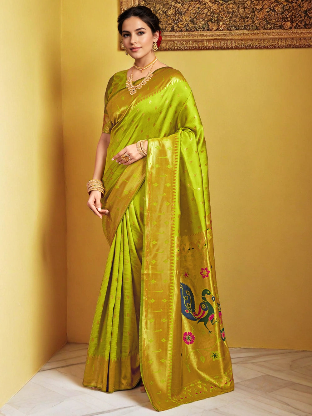 Woven Silk Blend Lime Green Paithani Saree - Rheycart